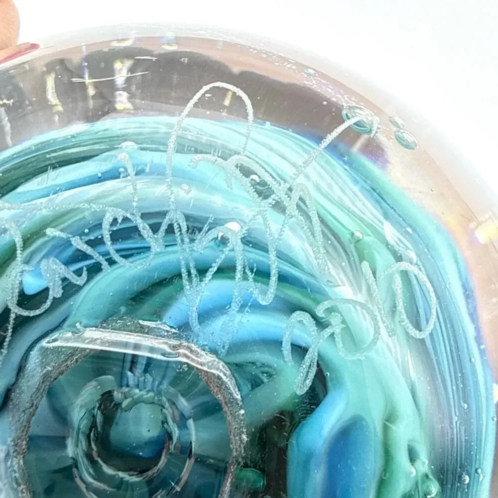 Signed Blue Green Swirl Art Glass Paperweight Control Bubbles Metallic Accents
